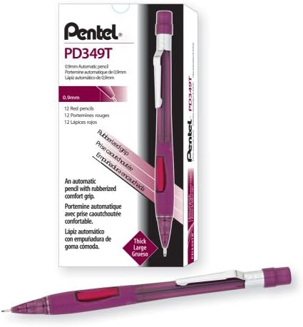 Pentel Quicker Clicker Automatic Pencil, 0.9mm Lead Size, Transparent Red Barrel, Box of 12 (PD349TB)