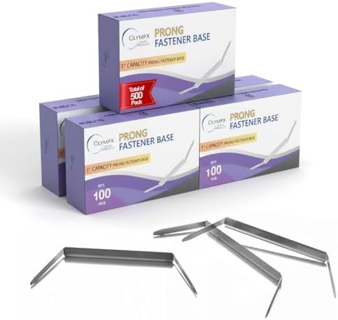 OLYMPX 500 Pcs of 1” Capacity Premium Metal Prong Paper Fastener Bases, 2.75 Inch Base for Paper File Clip Folder Accessories, Pack of 5 Boxes, 100 Bases per Box
