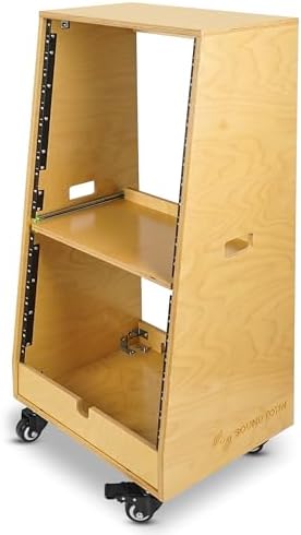Sound Town DIY Slanted 20U Studio Rack (12U Top + 8U Lower), with 2U Bottom Storage, Slide-Out Tray, Caster, Plywood, Golden Oak for Recording Room, Home Studio (SDRK-ST20T)