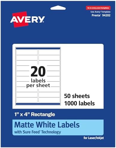 Avery® Matte White Rectangle Labels, Sure Feed® Technology, 1" x 4", 1,000 Matte White Printable Labels