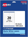 Avery® Matte White Rectangle Labels, Sure Feed® Technology, 1" x 4", 1,000 Matte White Printable Labels