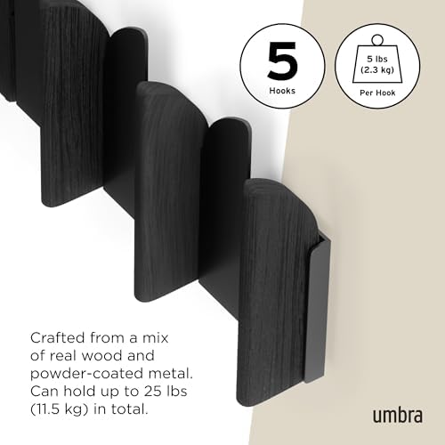 Umbra Saloon Wall Hook, Wall Mounted Coat Rack, 5 Hook, Black