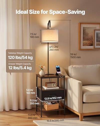 VEVOR Floor Lamp with Table, 3-Tier End Table with Drawer and 3 Color Temperature Lighting, Modern Side Nightstand Bedside Desk with USB & Type C & AC Charging Port for Living Room, Bedroom, Dorm