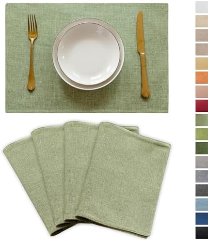 Demetex Green Placemat Set of 4 Washable Linen Textured Place Mats for Dinner Heat Resistant Sage Cloth Placemats Scratch Resistant Plate Mats for Dining Table Kitchen Summer, Green