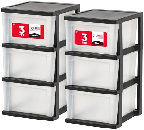 IRIS USA 3-Drawer Slim Narrow Storage Organizer, 2-Pack, Black/Clear