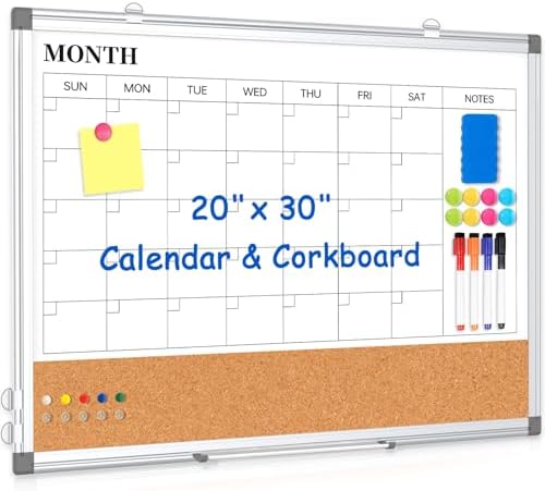 Dry Erase Calendar Whiteboard for Wall, 30" x 20" Monthly Cork White Board
