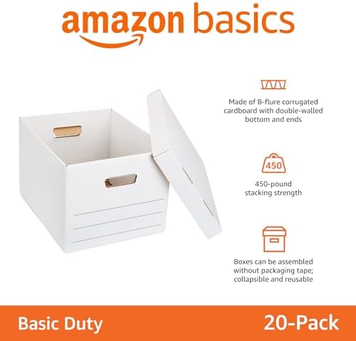 Amazon Basics Storage/Filing Boxes with Lift-Off Lid, Letter/Legal Size, Collapsible, Tape-Free Assembly, White, 16.2" L x 12.5" W x 10.5" H, 20-Pack