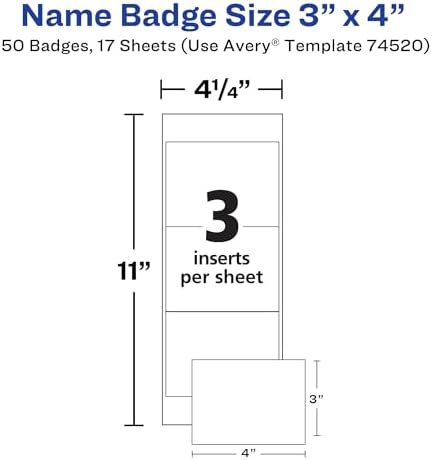 Avery Customizable Name Badges, Cord Hanging Style, 3" x 4", Laser/Inkjet Printable Name Tag Inserts, 50 Total (74520)