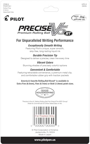 PILOT Pen 26095 Precise V5 RT Refillable & Retractable Premium Rolling Ball Pens, Extra Fine Point (0.5mm), Assorted Colors, 7 count