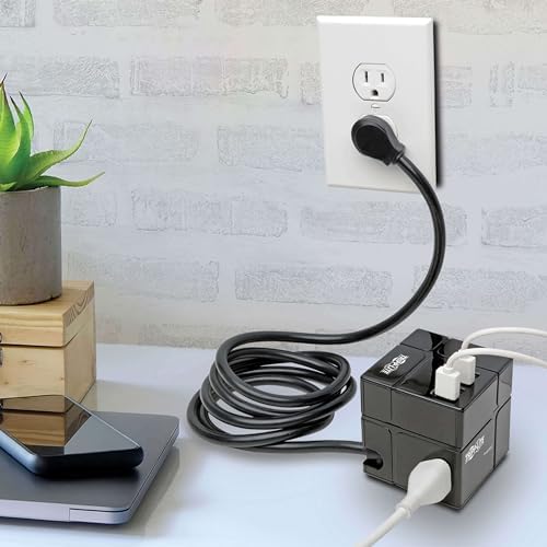 Tripp Lite 3 Outlet Surge Protector with USB, Detachable Wall Outlet Surge Protector, 6 USB Ports, 6 ft. Cord, 540 Joules, Black, TLP366CUBEUSBB