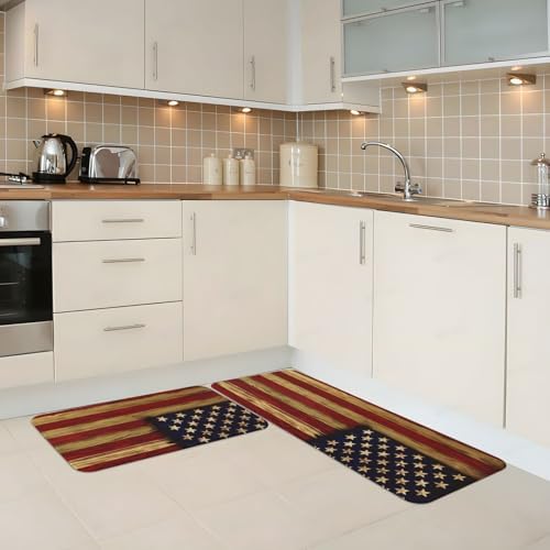 Vintage America Flag Kitchen Floor Mat Set of 2, Non Slip Rugs Absorbent Mats for Floor Countertop Office Home, Striped Star Flag Indoor Outdoor Decor Doormat 17" x 29.5" + 17" x 47"