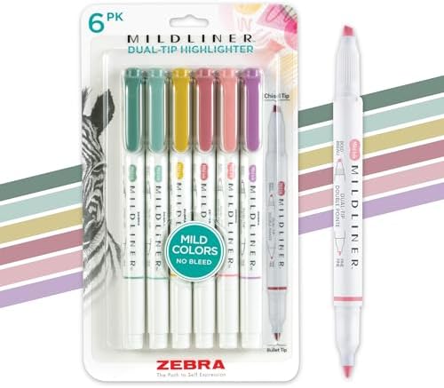 Zebra Pen MILDLINER No Bleed Highlighter, Assorted Mild, Dual Tip, 6-Pack