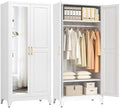 Polup Metal Armoire Wardrobe Closet with Mirror, 71" Tall White Cabinet