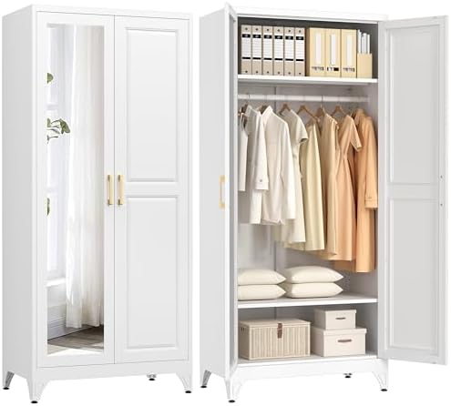 Polup Metal Armoire Wardrobe Closet with Mirror, 71" Tall White Cabinet