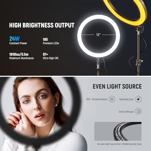 NEEWER 12" 24W Power LED Ring Light with Tripod Stand, Bi Color 2900-7000K, USB C PD Input, CRI97+ 1810lux/0.5m Compatible with iPhone Makeup Studio Streaming Selfie Video Recording, RH12B