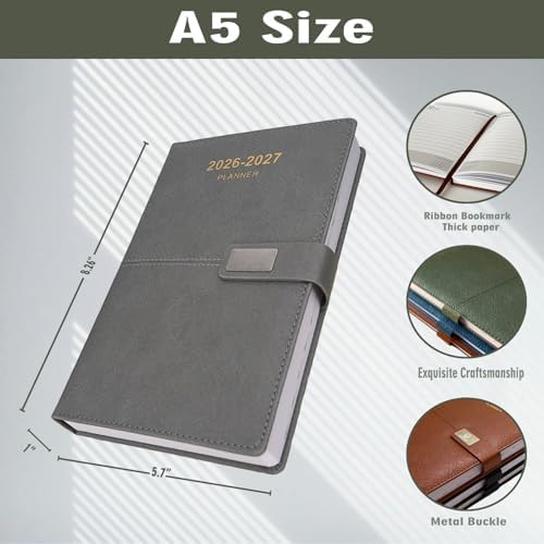 2026-2027 Daily Planner - One Page per Day, 2026-2027 Hourly Daily Calendar(July 2026 - June 2027), 5.7" x 8.26" Appointment Book, Leather Cover + Thick Paper (26-27 Grey)