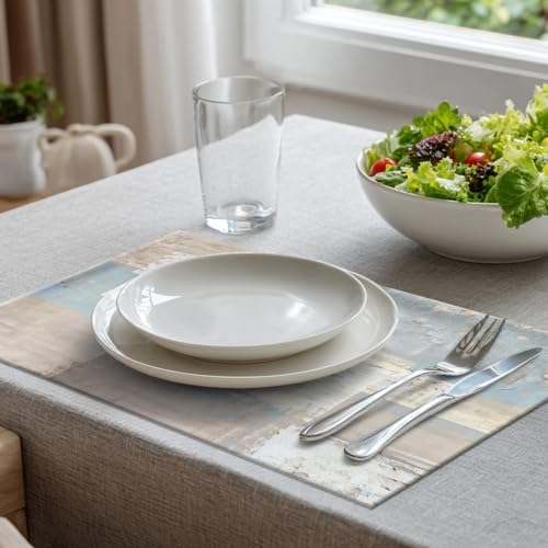 Batmerry Taupe Squares Texture Placemats,Grey and Beige Abstract Painting Washable Linen Table Mats for Kitchen Table Double Insulation Decor Dining Set Indoor Outdoor 12X18 in Set of 4