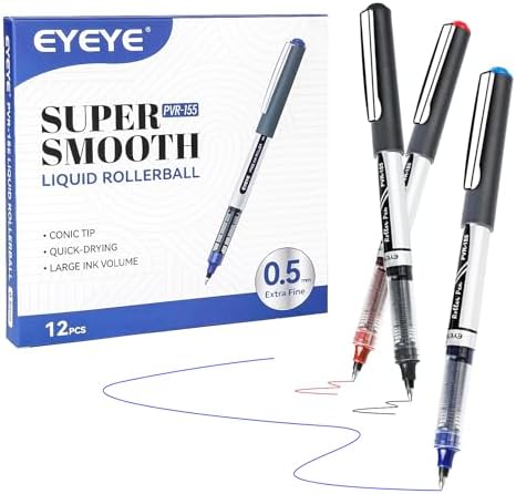 EYEYE 0.5mm Rollerball Pens 12 Pack 3 Colors, Extra Fine Point Roller Ball Pen Quick Dry, Liquid Ink Pens Fine Point Smooth Writing Pen for Journaling, Note Taking, Office, School Supplies