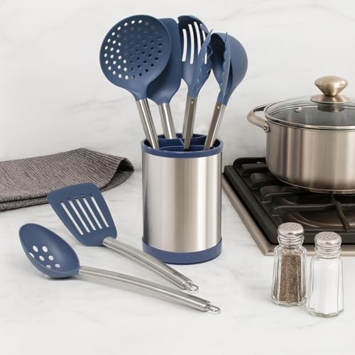 Glad Kitchen Utensils Set, 8pcs - Nonstick Cooking Tools with Stainless Steel Handles & Rotating Utensil Holder - Turners, Ladle, Spoon, Tongs, Spaghetti Server, and Skimmer - Dishwasher Safe, Blue