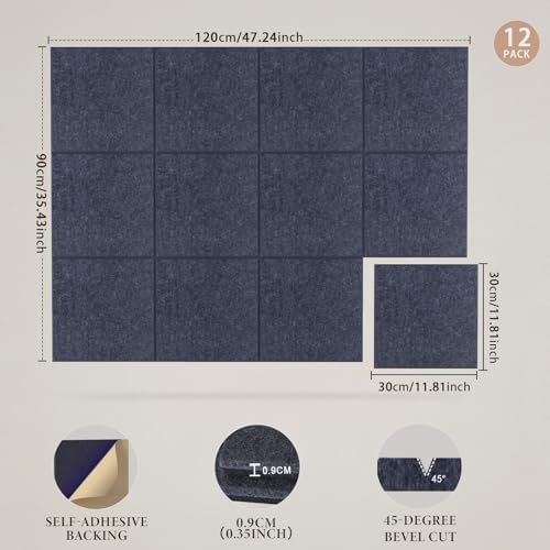 JBER Large Cork Board Alternative 48" x 36" - 12 Pack Self-Adhesive Felt Bulletin Board Tiles, Pin Board Vision Board for Walls, Office & Home Decor(Starlight Blue)