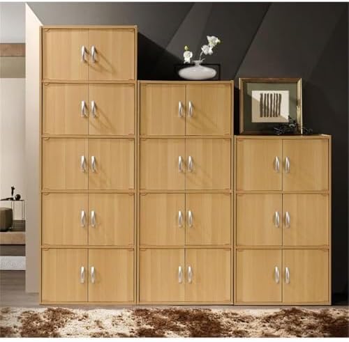Pemberly Row 3 Shelf Bookcase, 41 in H x 23.4 in W x 15.5 in D, Beech Finish, 6 Door Storage, Slim Multi-Purpose Design, Versatile Home or Office Organizer for Bedroom, Kitchen, or Laundry Room