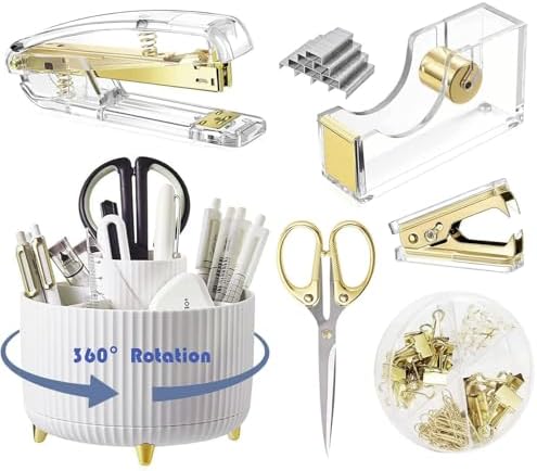 Gawsey Gold Desk Organizers and Accessories with Desk Organizer 360° Rotating Pen Holder and Office Supplies, Cute Stationery Supplies Set