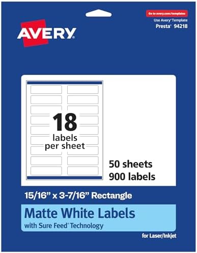 Avery® Matte White Rectangle Labels, Sure Feed® Technology, 15/16" x 3-7/16", 900 Matte White Printable Labels