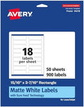 Avery® Matte White Rectangle Labels, Sure Feed® Technology, 15/16" x 3-7/16", 900 Matte White Printable Labels