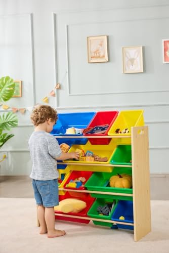Amazon Basics Kids Toy Storage Organizer With 12 Plastic Bins, Natural Wood, Multicolor, for Bedroom and Playroom, 33.85"D x 12.79"W x 35.42"H