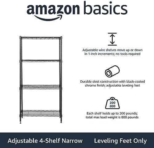 Amazon Basics 4-Shelf Steel Wire Storage Shelves for Garage, Adjustable Metal Shelving Unit, 200 lbs Per Shelf, 23.2" W x 48" H x 13.4" D, Black