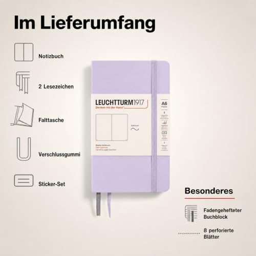 LEUCHTTURM1917 - Notebook Softcover Pocket A6-123 Numbered Pages for Writing and Journaling (Plain, Lilac)