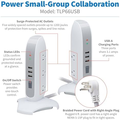 Tripp Lite TLP66USB Surge Protector Tower with USB Ports, 1200 Joules, 5-Outlets, 3 USB Ports, 6ft Heavy-Duty Braided Extension Cord, Desk Charging Tower, Dorm Essentials, Tower Power Strip with Surge