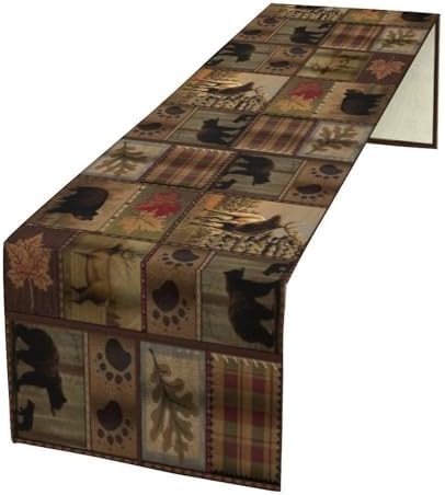 Rustic Bear Table Runner, Vintage Cottage Country Style Pine Tree Elk Wildlife Dinner Runner for Home Kitchen Dining Table Decoration 13"x108"