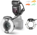 NEEWER 76Ws Marco Ring Flash Compatible with Nikon Cameras, 1-1/128 Output, GN15 5600K TTL Flash Light w Front/Rear Curtain Sync, Color Gels, Lens Adapters for Macro Photography Lighting, RF1-N