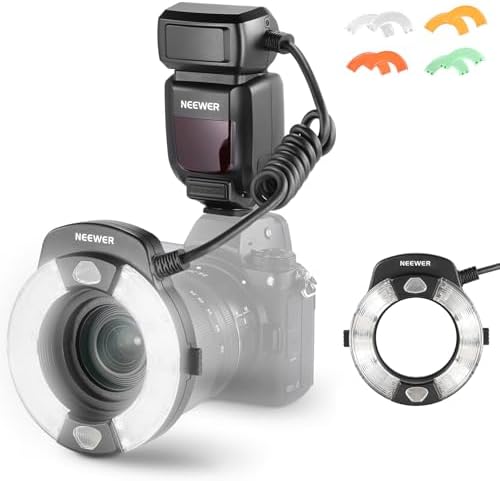 NEEWER 76Ws Marco Ring Flash Compatible with Nikon Cameras, 1-1/128 Output, GN15 5600K TTL Flash Light w Front/Rear Curtain Sync, Color Gels, Lens Adapters for Macro Photography Lighting, RF1-N