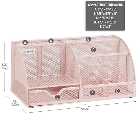 Mind Reader 7-Compartment Desktop Organizer, Metal Mesh Desk Organizer for Pens, Sticky Notes, Mail and Office Supplies, Pink