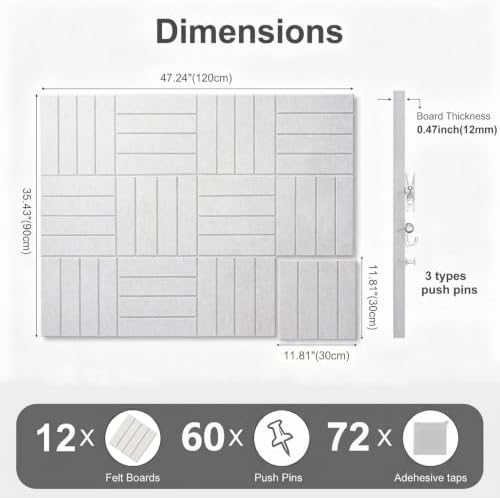 0.47" Thick Felt Wall Tiles 48"x36" Cork Board Alternative 12 Pack 11.81"x11.81"Felt Bulletin Board Pin Board with Removable Adhesive Tape&60 Pushpins for Home Office School(Bold-Light Camel)