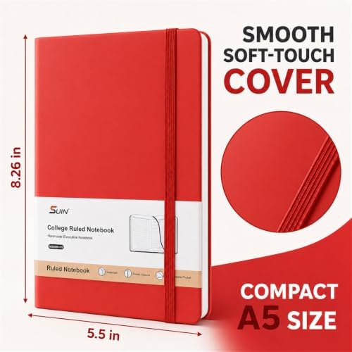 SUIN A5 Hardcover Lined Journal Notebook, 200 Pages, Red, 1 Pack