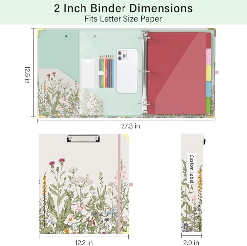 3 Ring Binder 2 Inch for Letter Size 8.5" x 11" Paper, Clipboard Binder with 5 Tabbed Dividers with Pockets, Plastic Folder and 40 Divider Stickers, School and Office Supplies, Garden Flowers