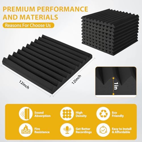 Acoustic Foam Panels 48 Pack 1" x 12"x 12" Saiqiang Black Soundproofing Panels Wedges for Wall Noise Absorbing and Sound-Damping Fire-Resistant Sound Proof for Studio, Gaming Room
