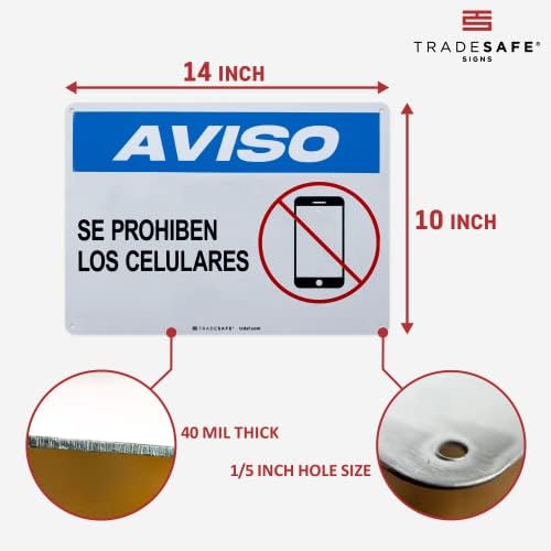 TRADESAFE Cellular Phones Prohibited No Cell Phone Use Sign, Se Prohiben Los Celulares, Quick Install Aluminum Safety Sign, Light Reflective, UV-Resistant, Waterproof for, 14” X 10” Spanish Sign