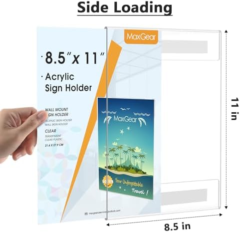 MaxGear Acrylic Sign Holder 8.5 x 11 Wall Mount with Tape, 2 Pack, Vertical