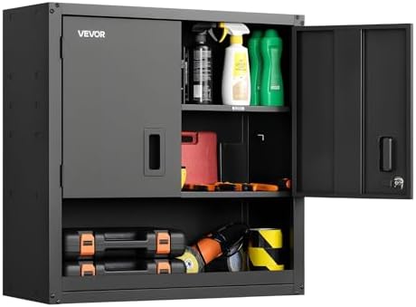VEVOR Metal Wall Cabinet, 30W x 12.01D x 30H Inch, Steel Floating Hanging Storage Cabinet with Locking Doors and Adjustable Shelf for Garage, Basement, Kitchen, Warehouse Assembly Required, Black