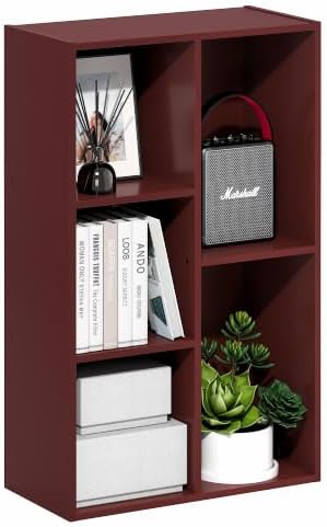 Furinno Luder 5-Cube Book Shelf, Bookshelf, Bookcase, Dark Red