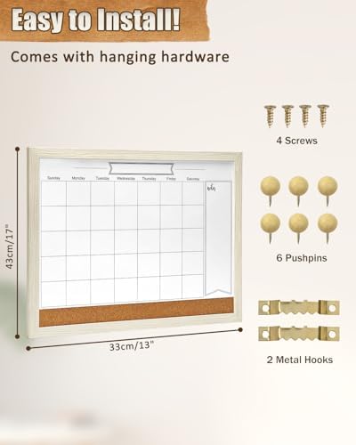 Dry Erase Calendar Whiteboard for Wall, Small Combination Magnetic Dry Erase White Board & Bulletin Board, 13" x 17"，White Frame Calendar/Cork Combo Board(WH-3343)
