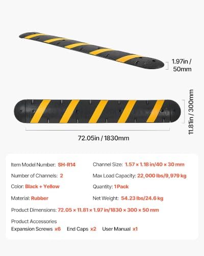 VEVOR 6FT Rubber Speed Bump, 2 Channel, Heavy Duty Traffic Speed Hump, 22000 lbs/axle Load Capacity, 72 in Cable Protector Ramp with Expansion Screws, for Asphalt Concrete Gravel Driveway Road, 1 Pack