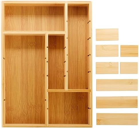 Juvale Drawer Organizer Tray - 8-Slot Drawer Divider for Utensils - Versatile Silverware Holder - Desk Tray for Office Supplies - 14 x 10 x 2 in, Brown, Bamboo