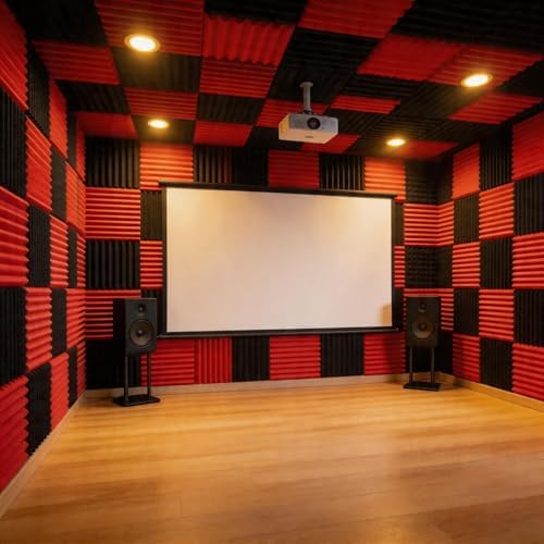 96 Pack Allxinlog Absorb the Echo Acoustic Foam Panel Wedge Studio Soundproofing Wall Tiles 12" X 12" X 1" (Accompanied By Double-Sided Adhesive Tape)(48RED+48BLACK)
