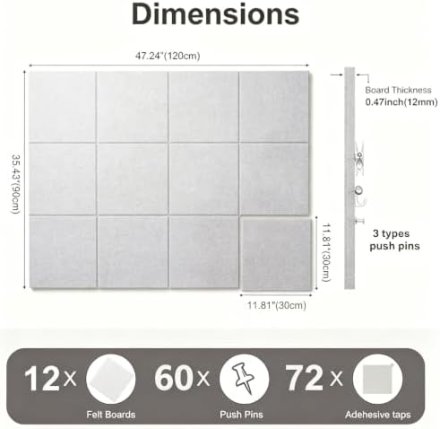 Felt Wall Tiles Bulletin Board Large Cork Board Alternative 12 Pack 11.81”x11.81”x0.47” Felt Pin Board Tack Board with Safe Removable Adhesive Tabs for Home Office School 48x36(Light Camel)