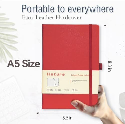 Heture Hardcover Notebooks, A5 Lined Journals Notebook for Writing 160 Pages, 8.2 x 5.5 inch, Red Colors Classic Ruled Notebooks for College/Work/Travel (Red, 1 Pack)